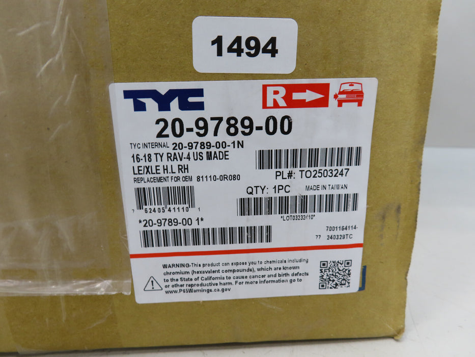2016-2018 TOYOTA RAV4 FRONT RIGHT PASSENGER HEADLIGHT HALOGEN AFTERMARKET