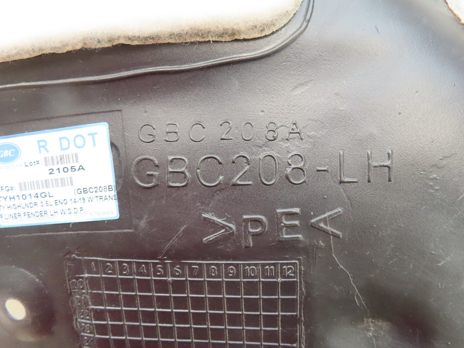 2014-2019 TOYOTA HIGHLANDER FRONT LEFT DRIVER INNER FENDER LINER AFTERMARKET