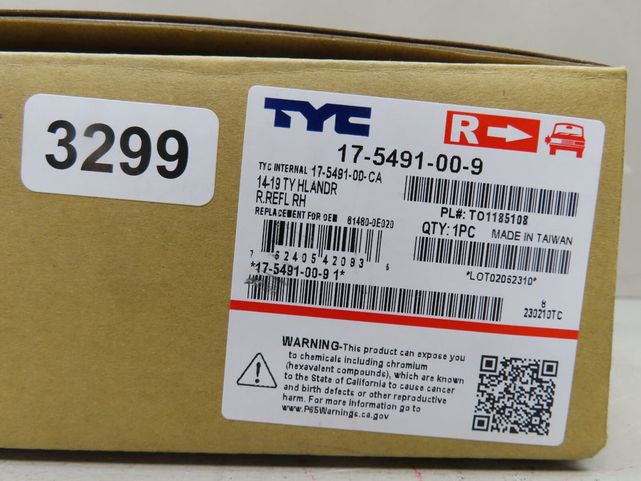 2014-2019 TOYOTA HIGHLANDER REAR RIGHT REFLECTOR TYC AFTERMARKET 17-5491-00-9